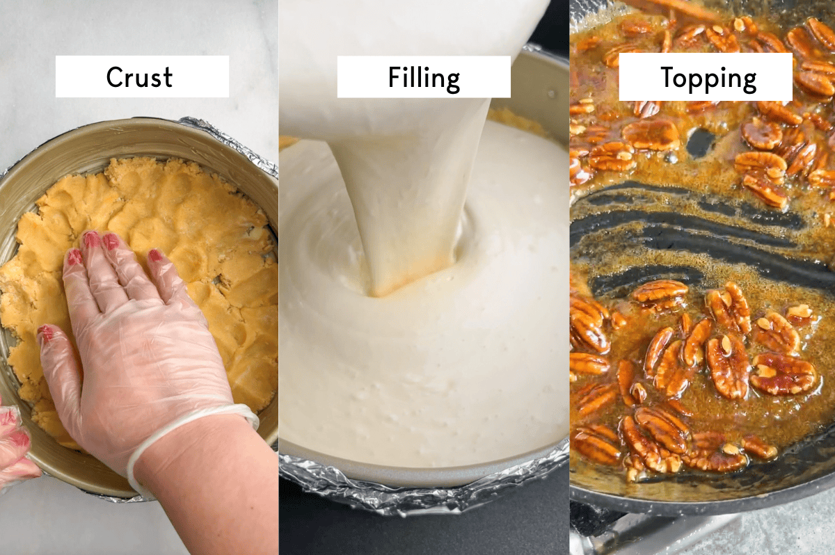 three easy steps demonstrated for making cheesecake. Crust, filling, and topping.