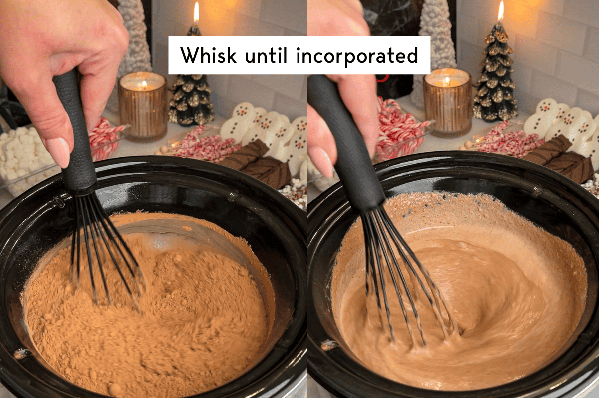 whisking the hot chocolate ingredients in a slow cooker