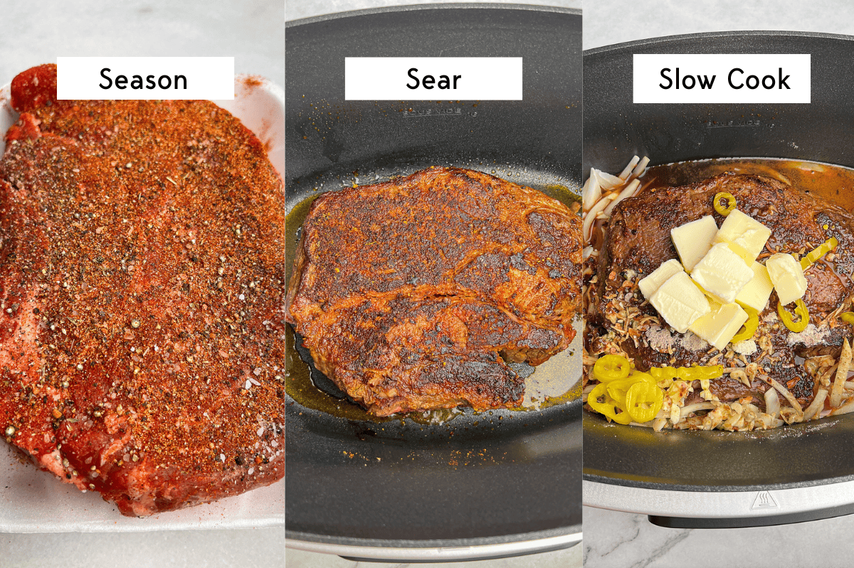 three steps for making pot roast in a slow cooker