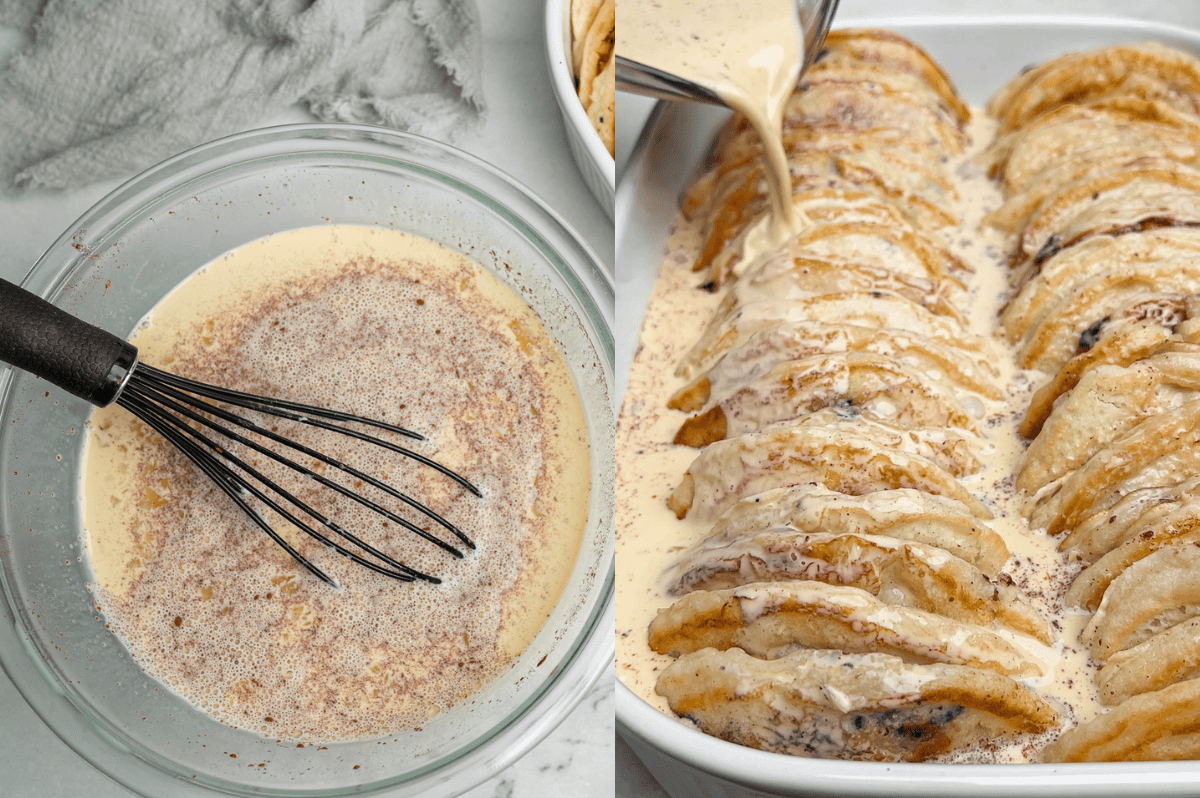 pancake casserole with the custard filling poured over