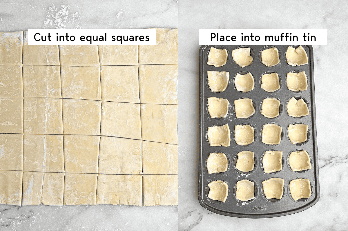 These easy caprese bites combine the fresh flavors of cherry tomatoes, mozzarella, and basil in a warm, flaky crust. Puff pastry dough cut into squares and the squares placed in a mini muffin tin