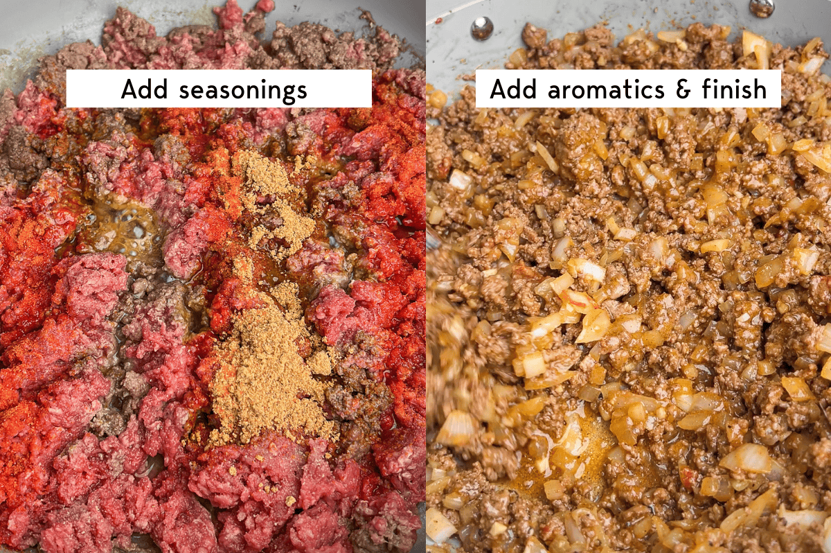 These Crispy Beef Tacos are loaded with savory, seasoned ground beef and lots of cheese, then quickly fried to crispy, melty perfection. On the left, uncooked ground beef with spices on top and on the right, cooked seasoned ground beef.