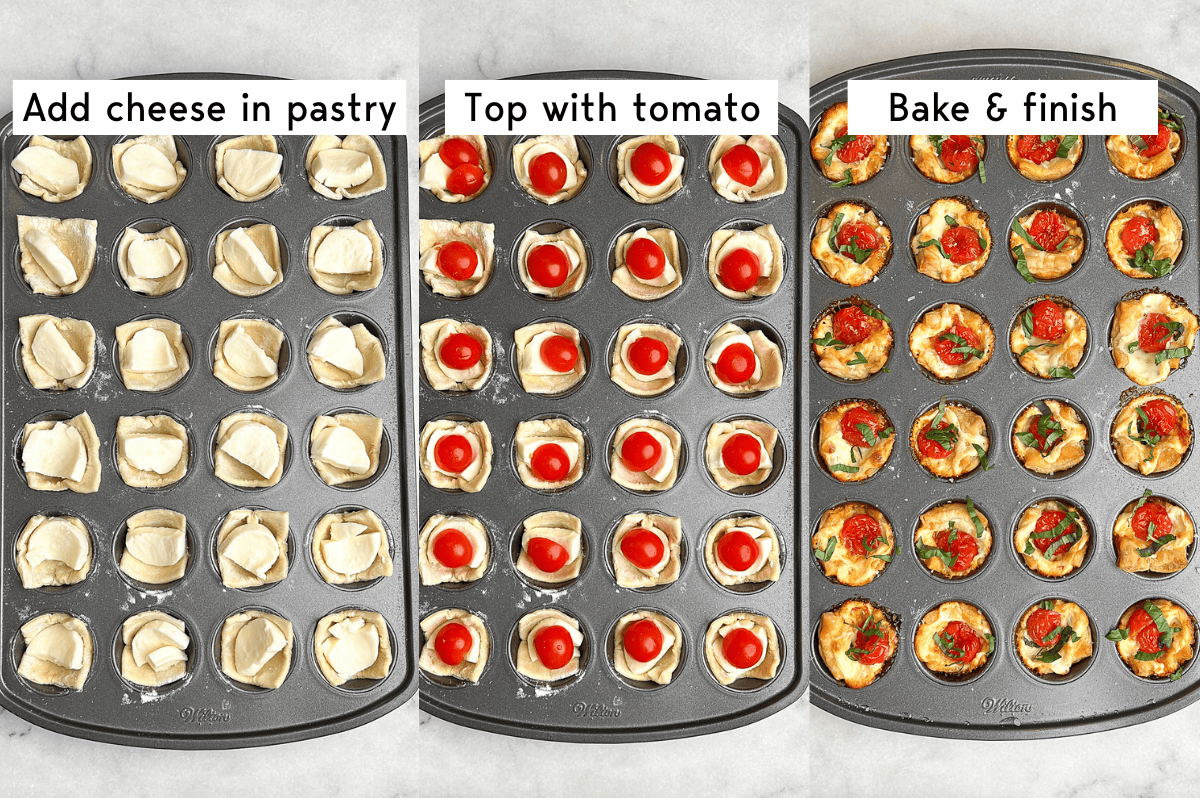 These easy caprese bites combine the fresh flavors of cherry tomatoes, mozzarella, and basil in a warm, flaky crust. Three images of puff pastry in mini muffin tins filled with mozzarella, then a cherry tomato, and final baked.
