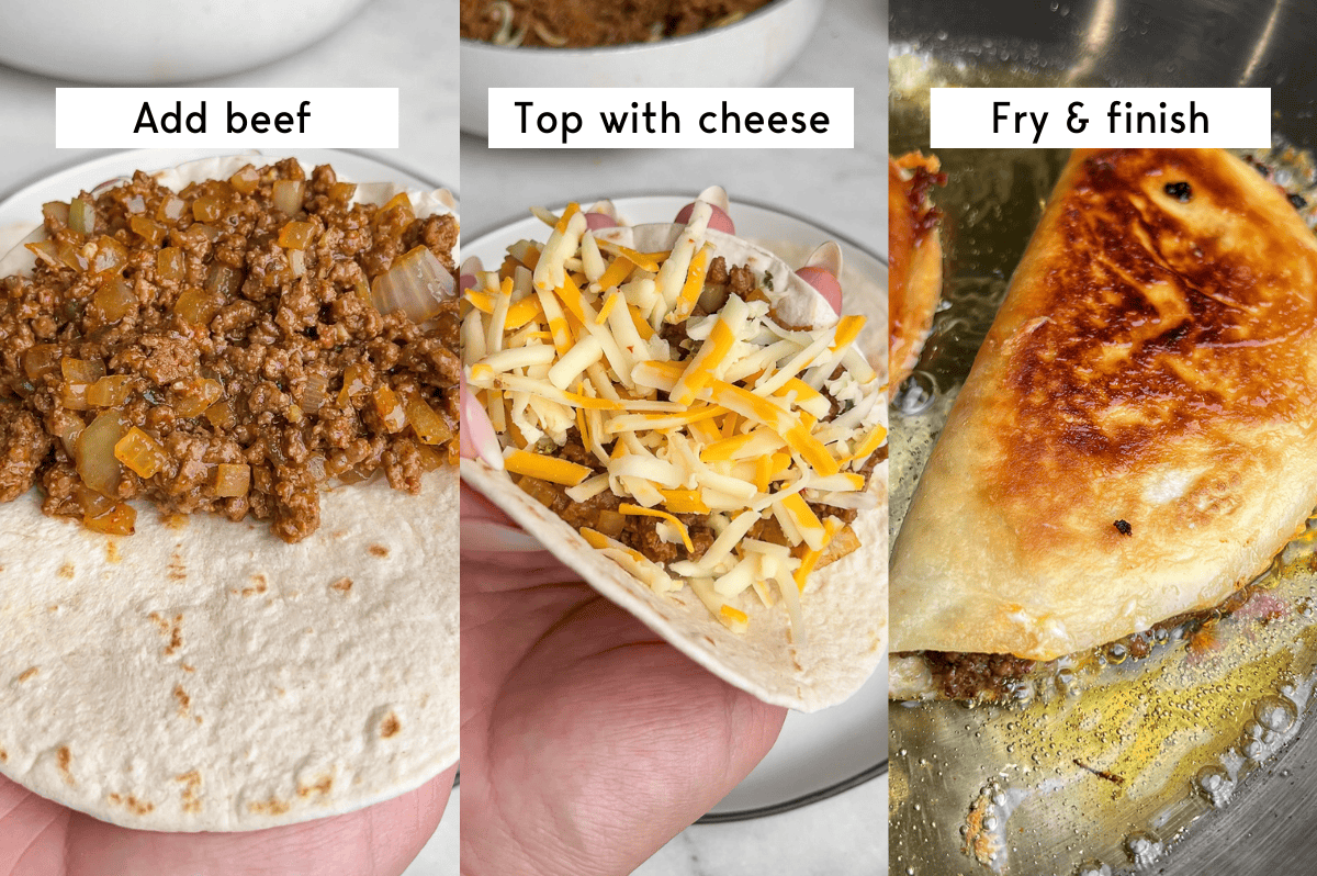 These Crispy Beef Tacos are loaded with savory, seasoned ground beef and lots of cheese, then quickly fried to crispy, melty perfection. Left - seasoned ground beef added to a tortilla, middle - shredded cheese added to the tortilla, right - crispy beef taco