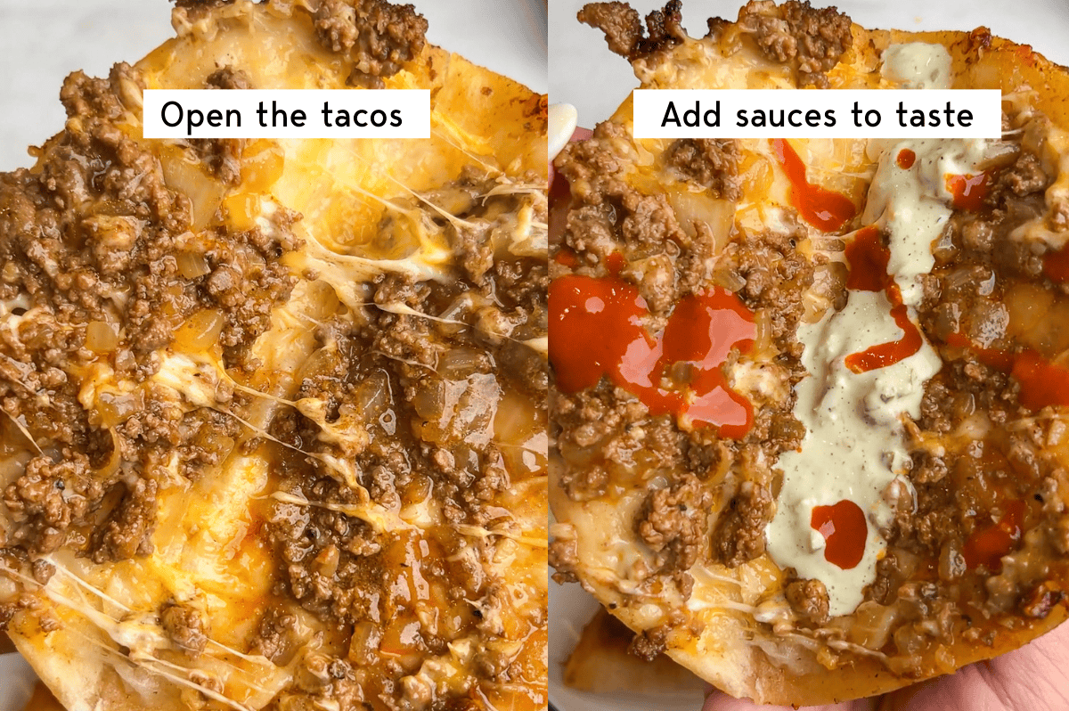 These Crispy Beef Tacos are loaded with savory, seasoned ground beef and lots of cheese, then quickly fried to crispy, melty perfection. Left - crispy beef taco opened to show the inside, Right - hot sauce added to the taco