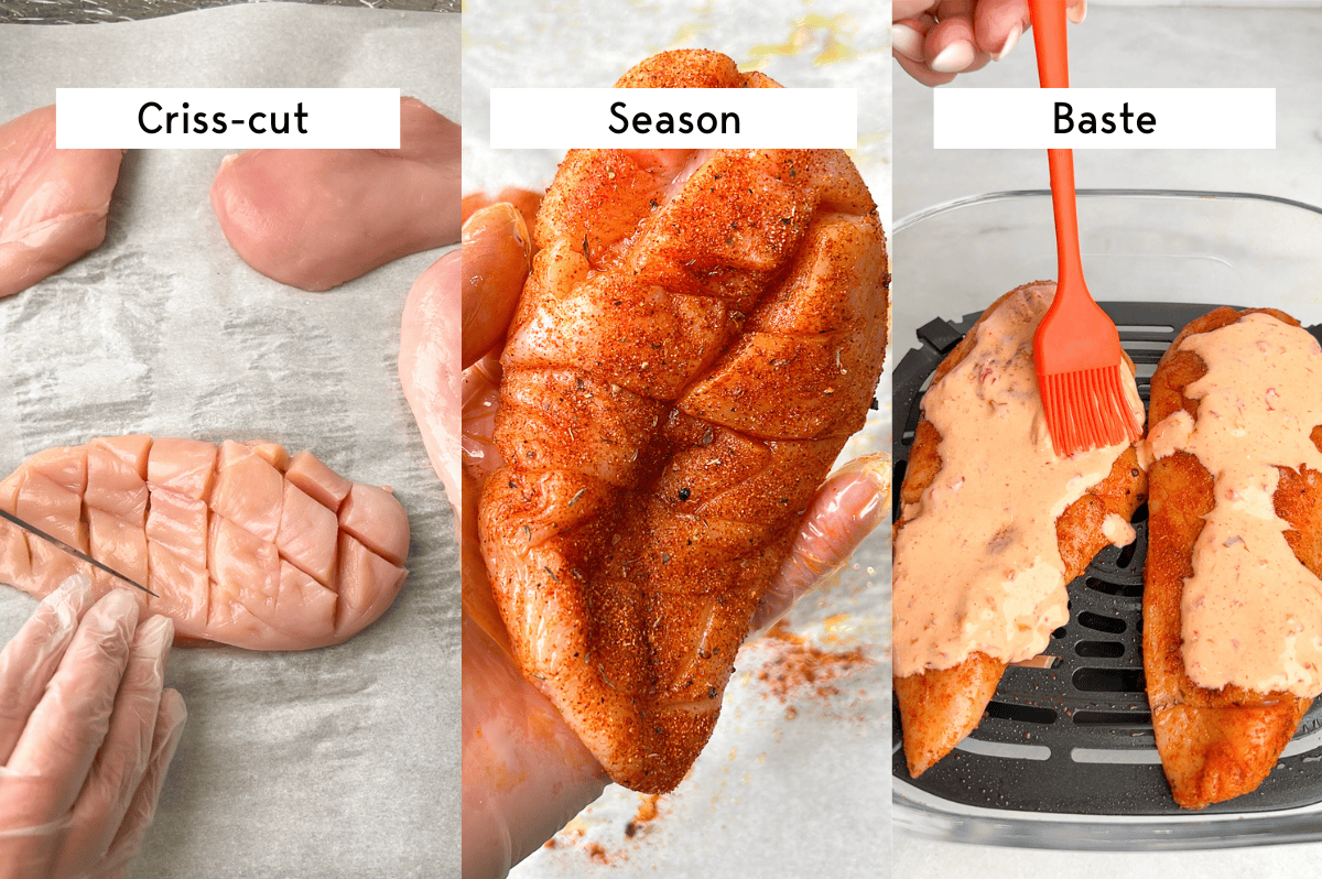 This air fryer bang bang chicken is tender, juicy, and so flavorful. The best part? It's ready in just 25 minutes! Left - scored chicken breast, middle - seasoned chicken breast, right - drizzling bang bang sauce over the chicken breast