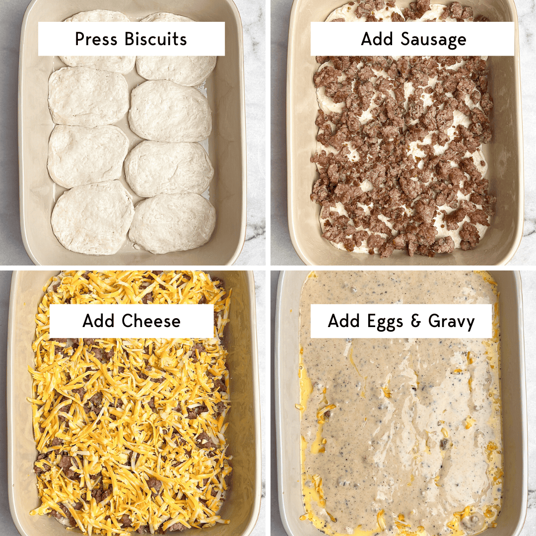 recipe steps for making biscuits and gravy casserole