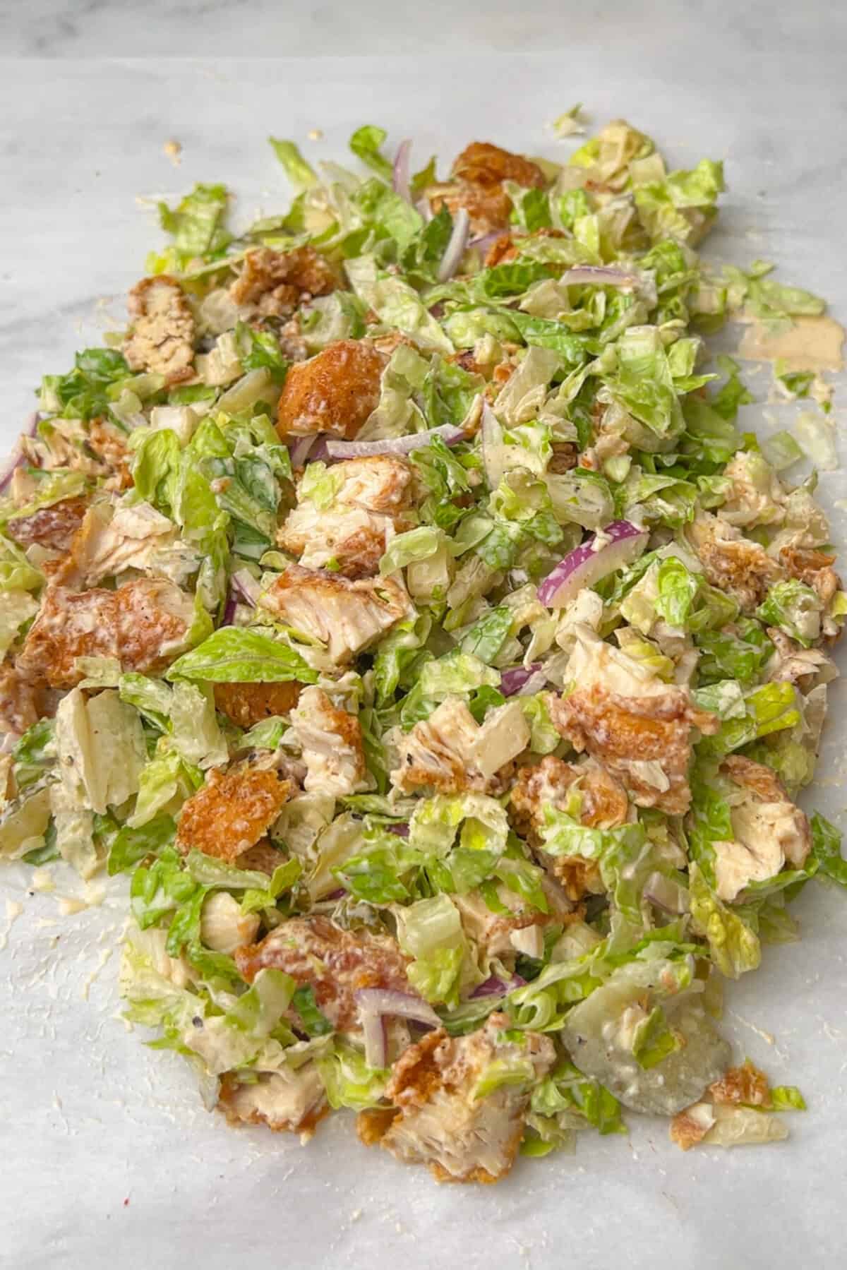 chopped chicken sandwich ingredients all chopped together