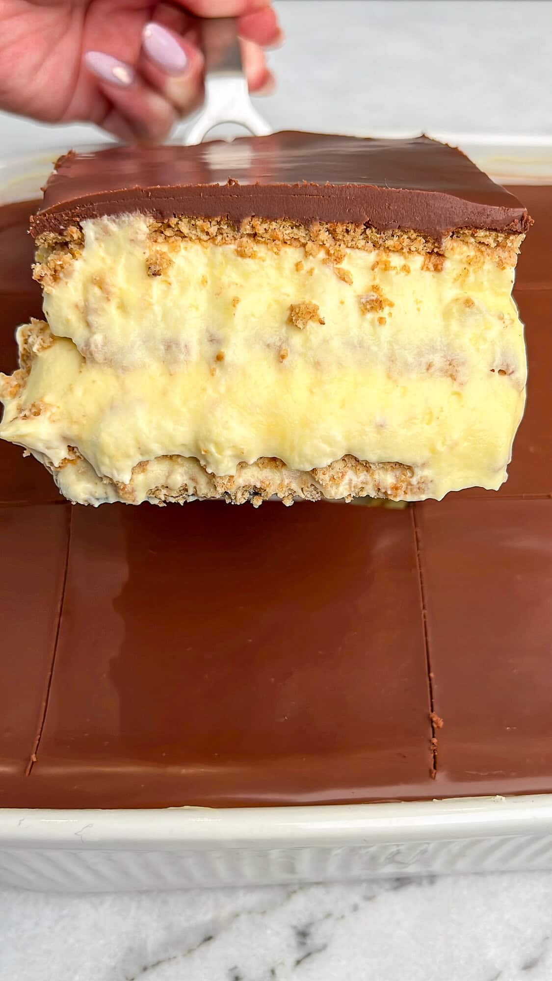 slice of eclair cake on a spatular