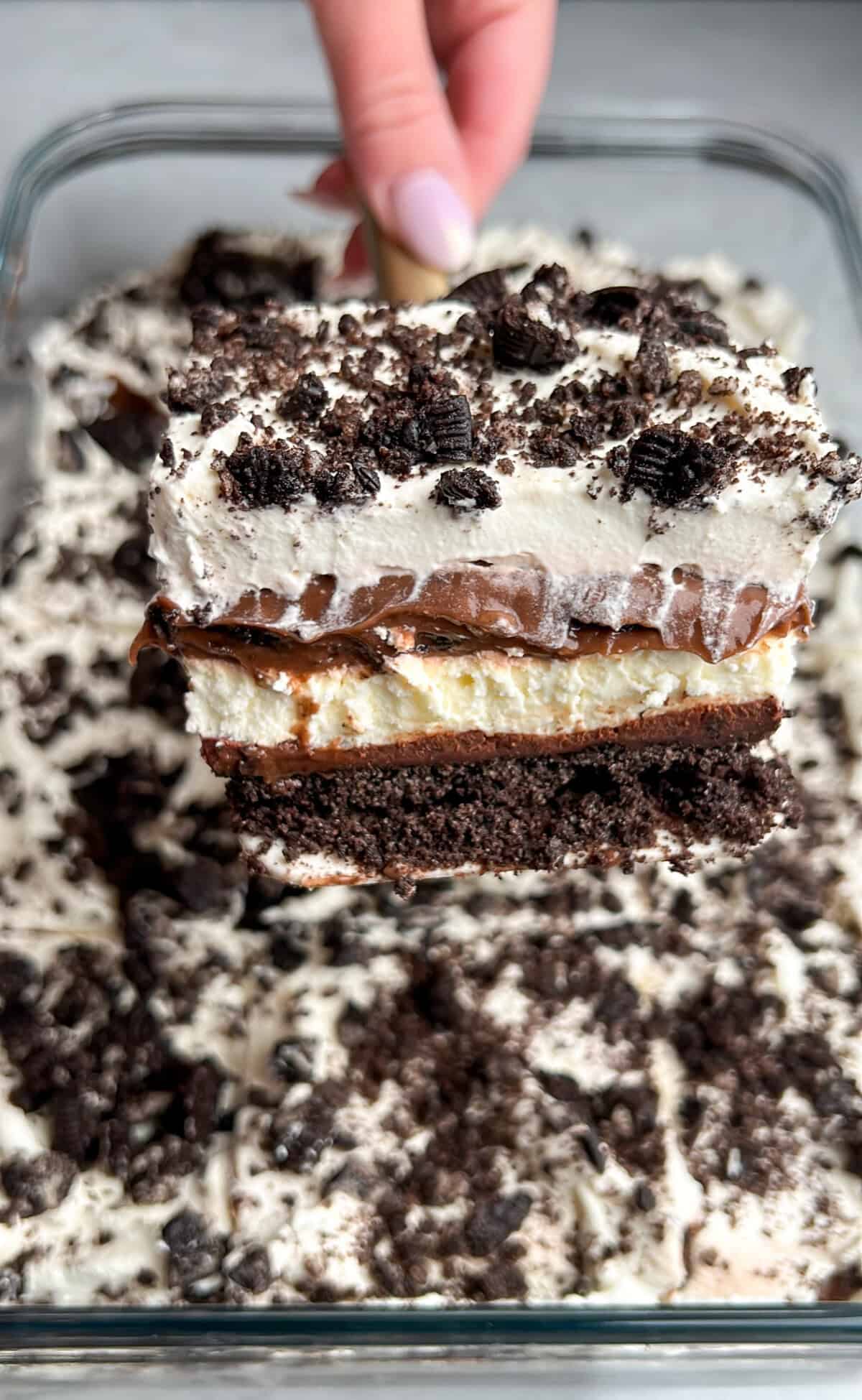 A slice of oreo delight on a spatula