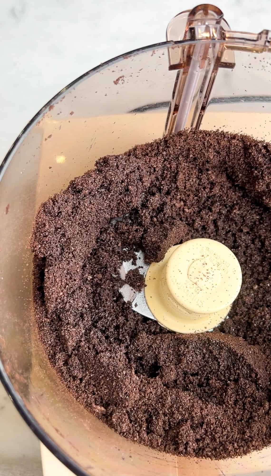 Oreos blended into crumbs in a food processor