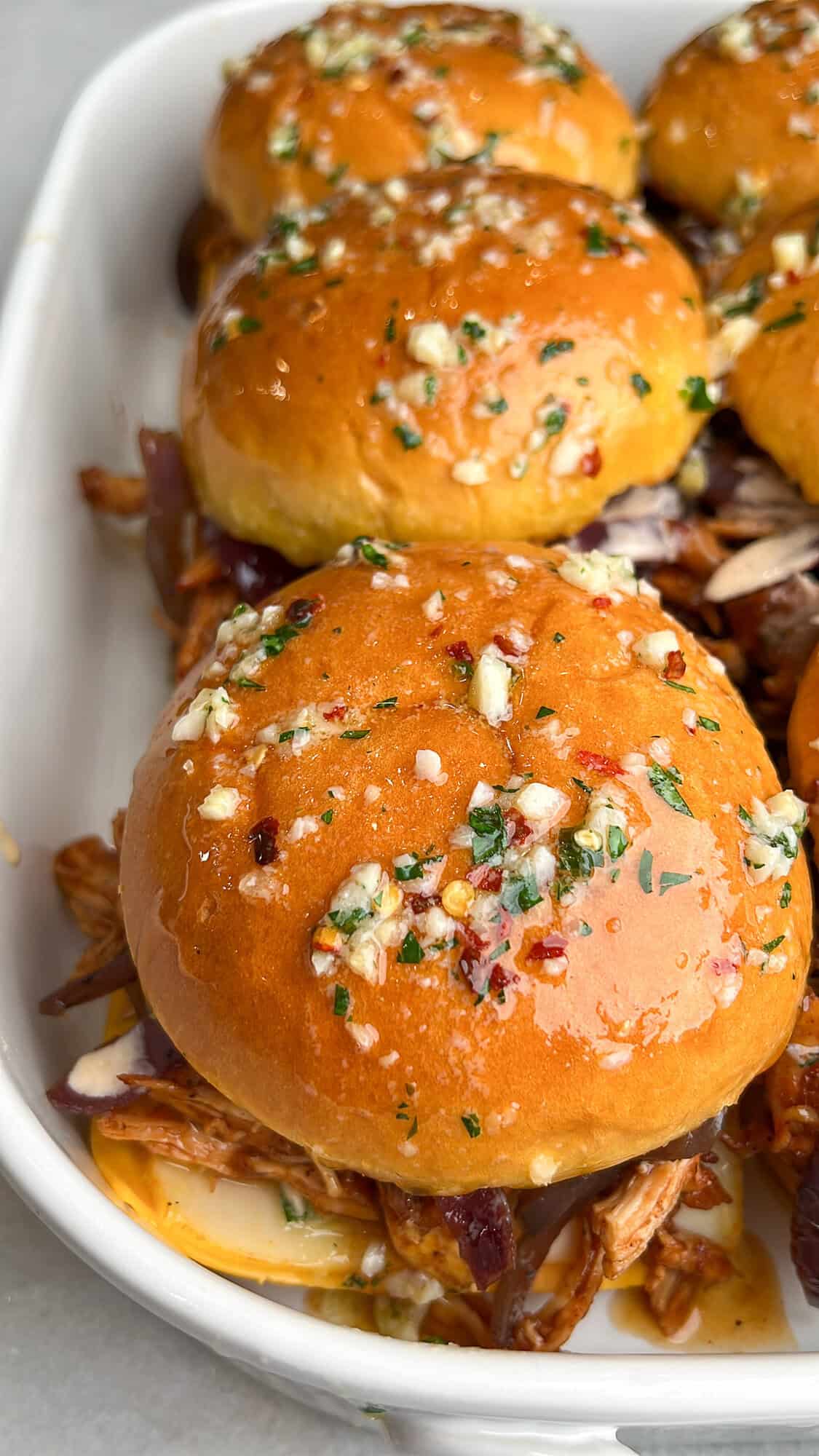 sheet pan barbecue chicken sandwiches in a pan