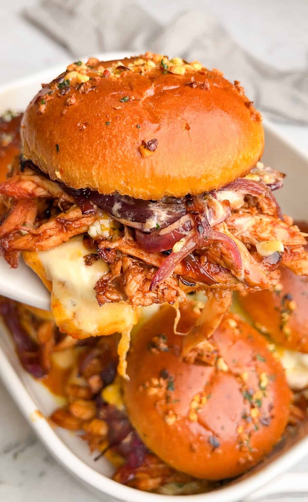 bbq chicken sandwiches in a sheet pan