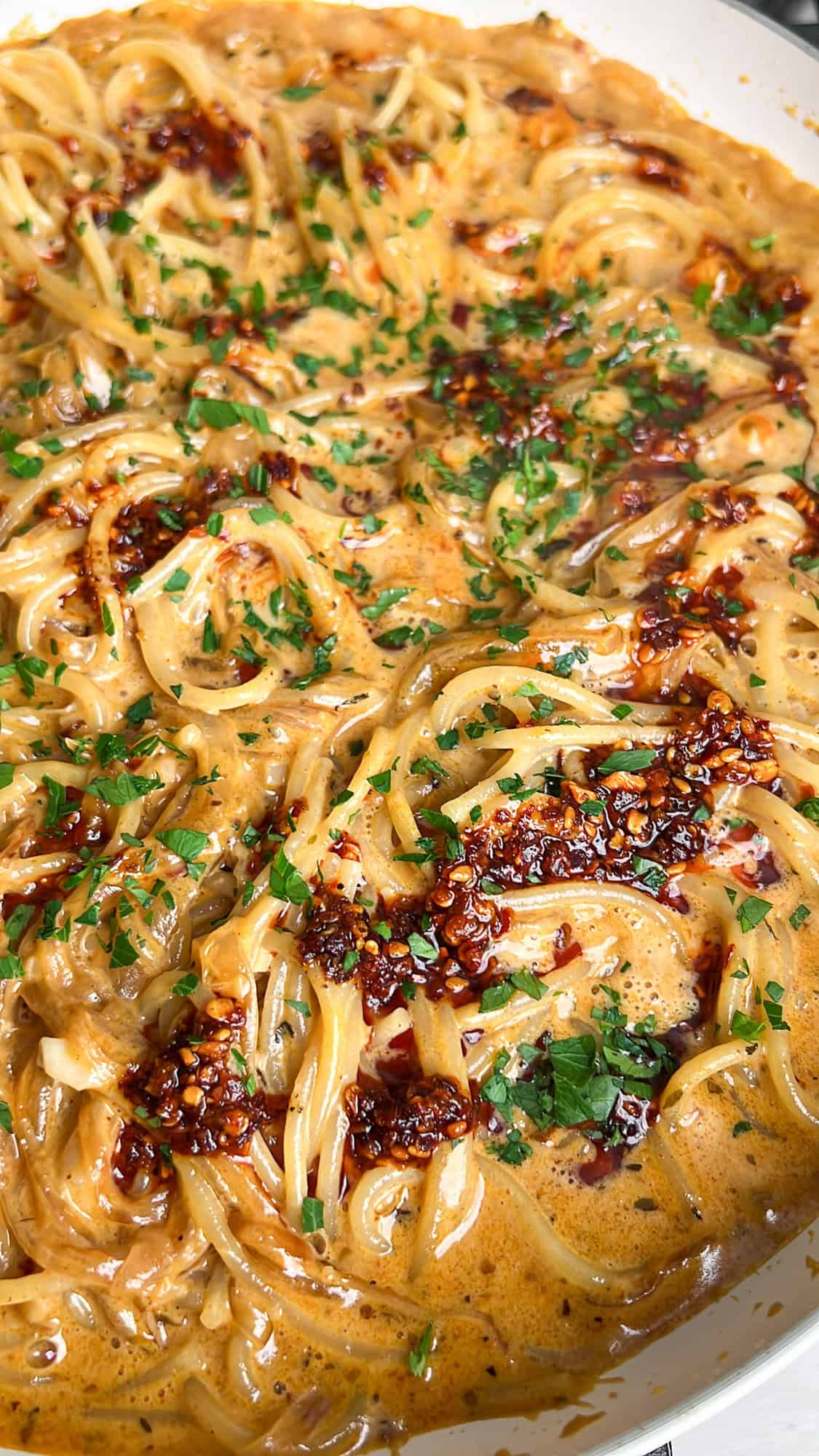 caramelized onion pasta with chili oil