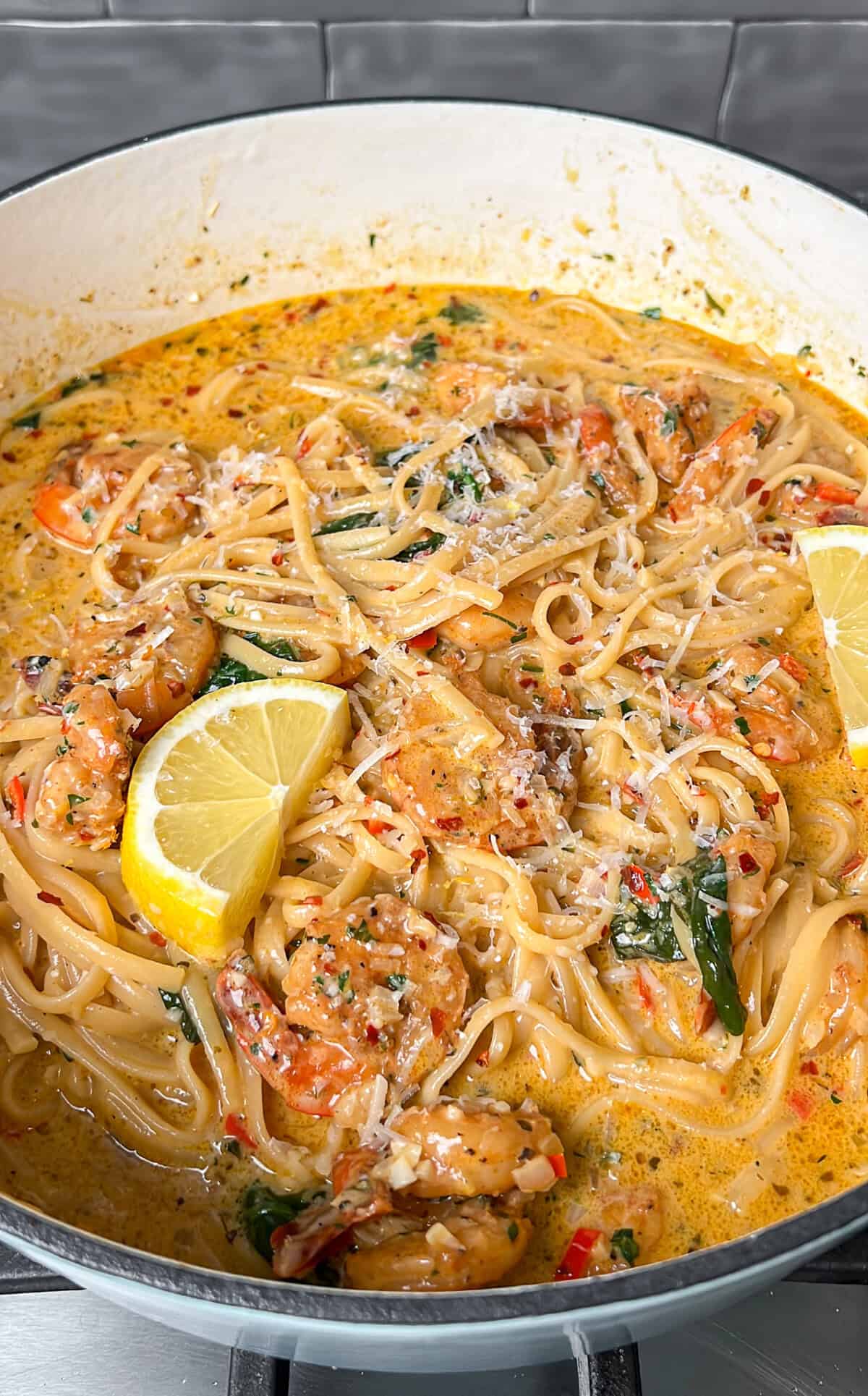 shrimp scampi in a pot