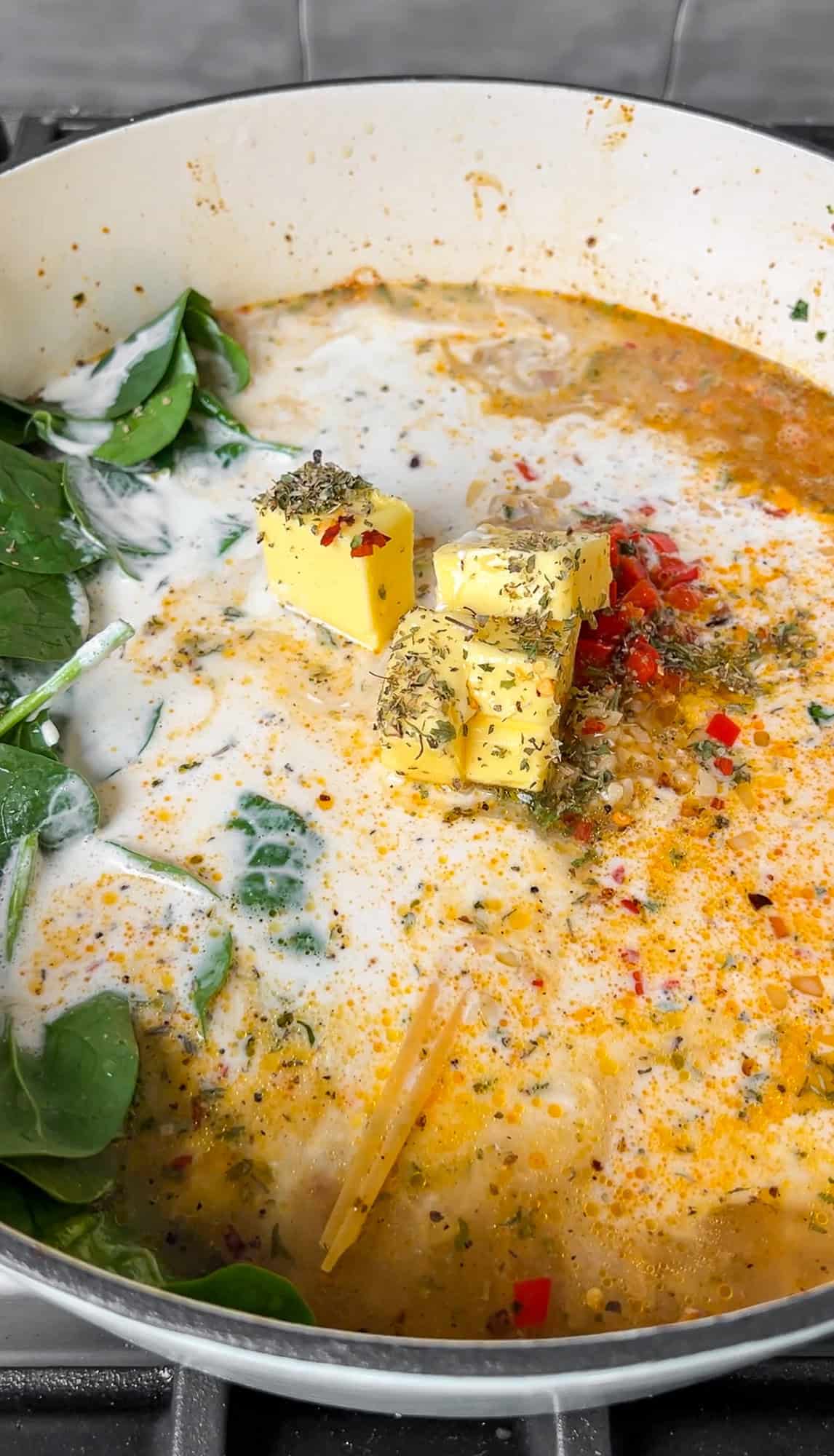 ingredients for one-pot shrimp scampi in a pot