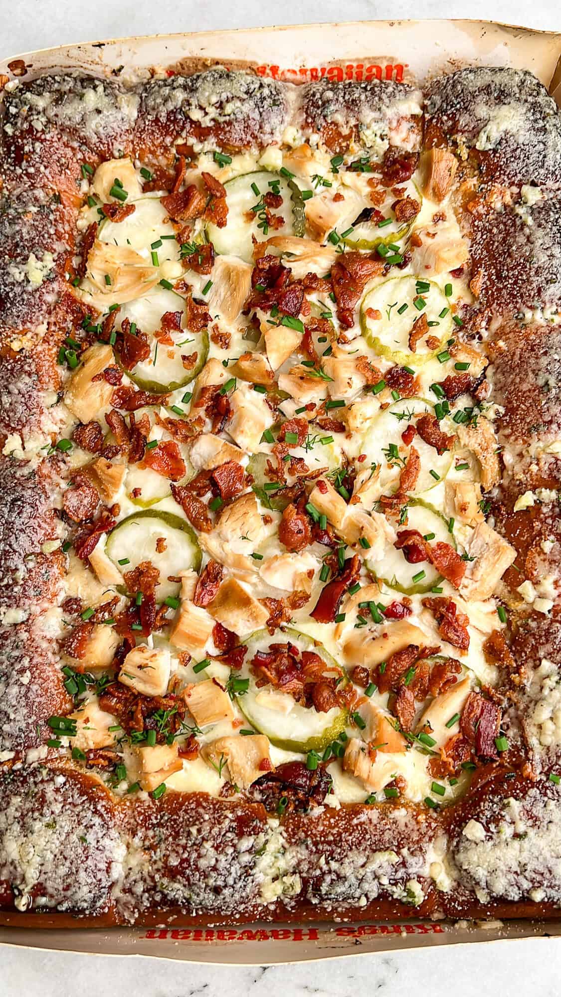 chicken bacon pickle pizza on hawaiian rolls