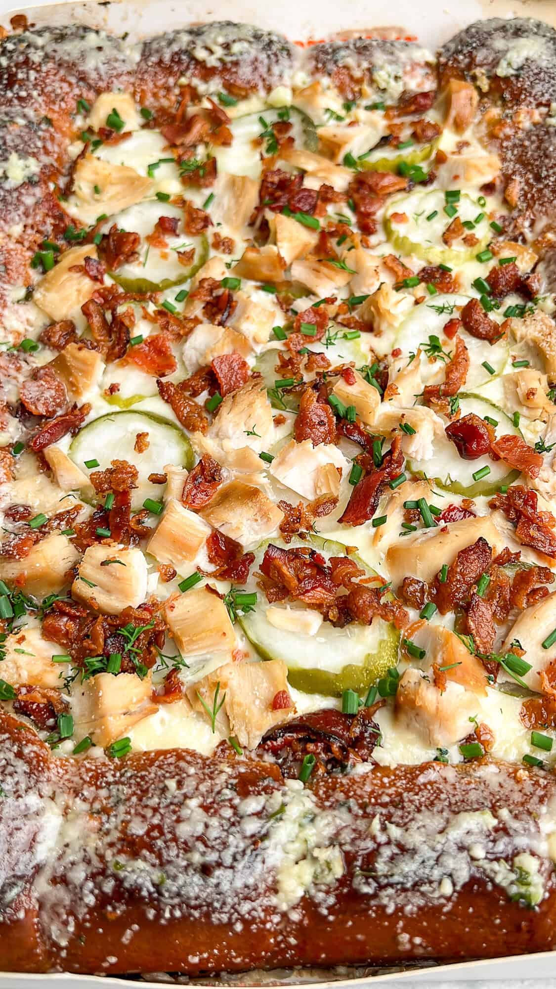 chicken bacon pickle pizza on hawaiian rolls