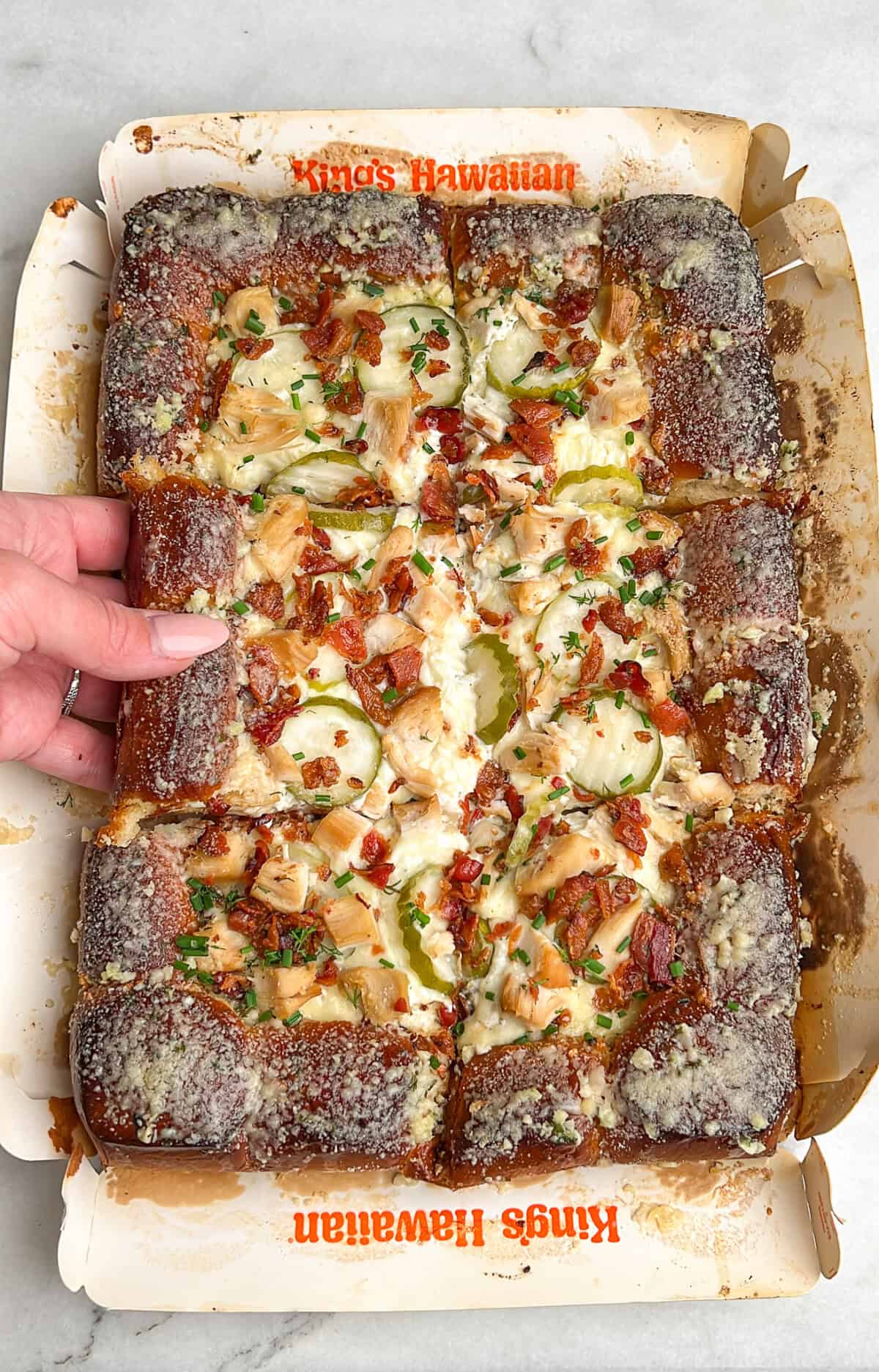 pickle pizza on hawaiian rolls with parmesan crust