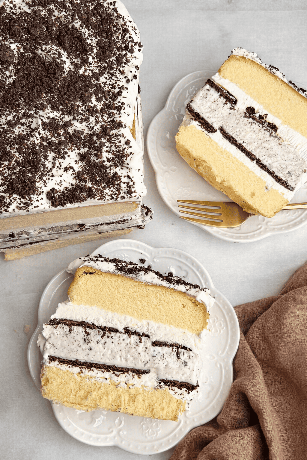 ice cream cake sliced open on a plate