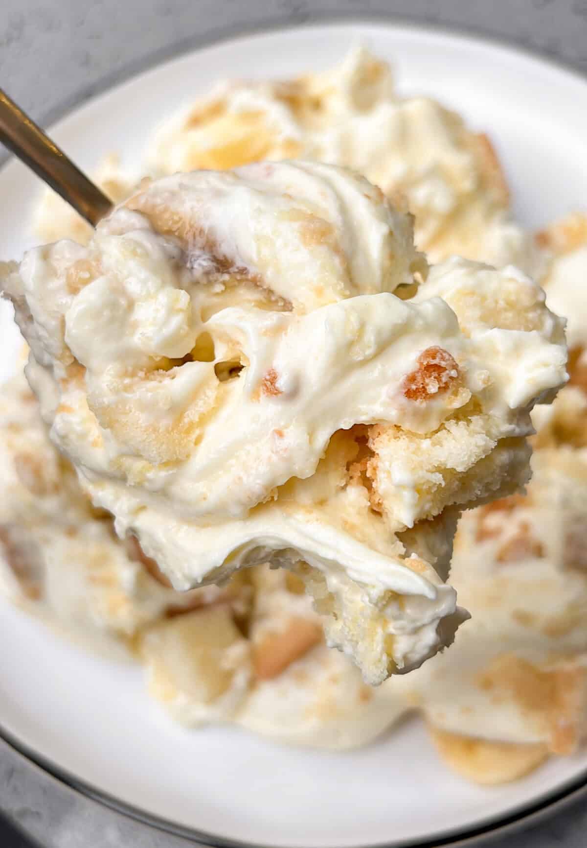 banana pudding with pound cake in a bowl