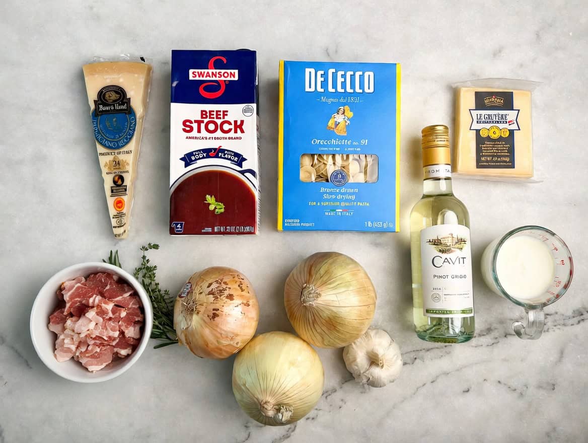 ingredients measured on a counter for french onion pasta