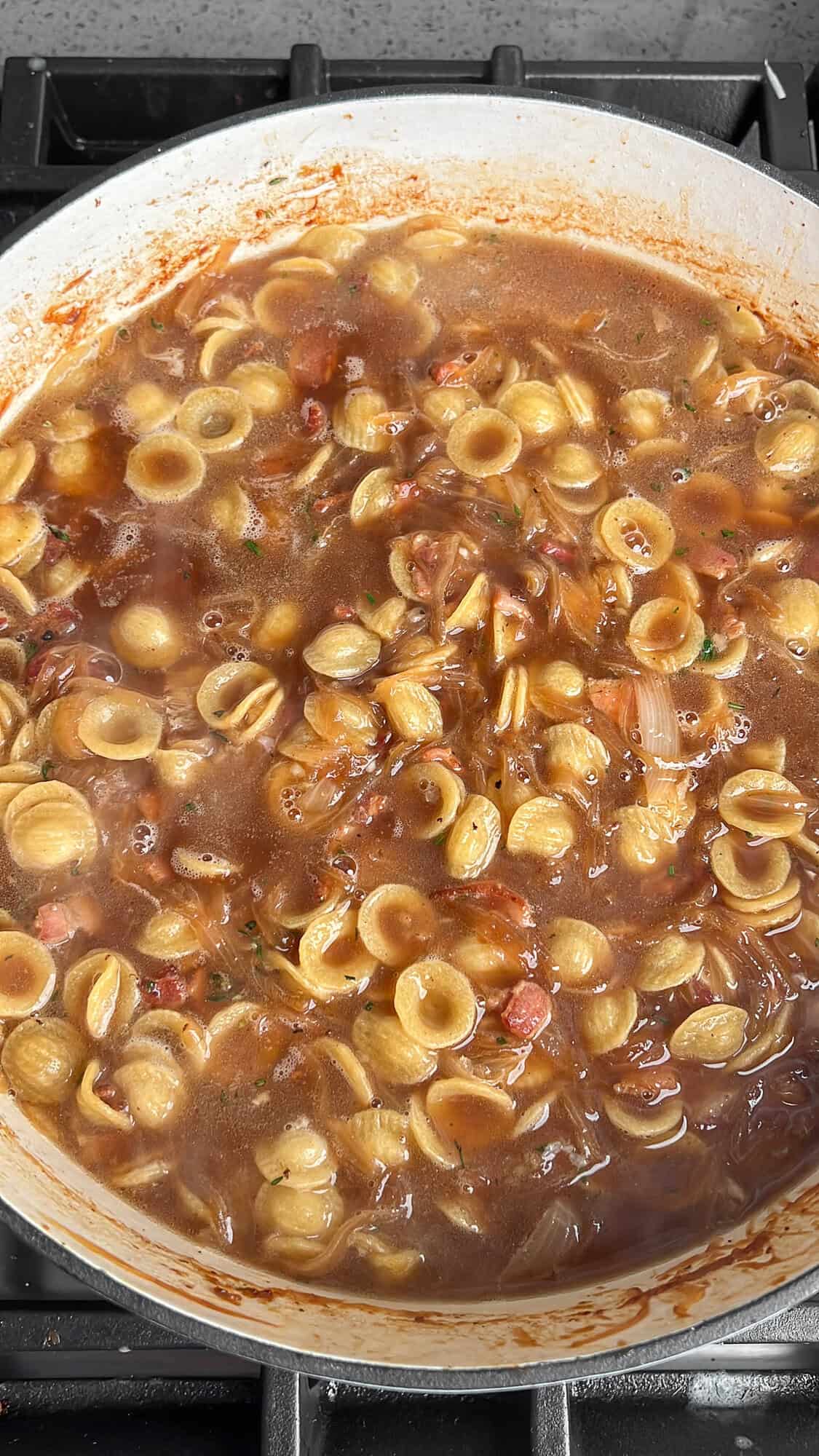 beef broth and pasta added to french onion pasta