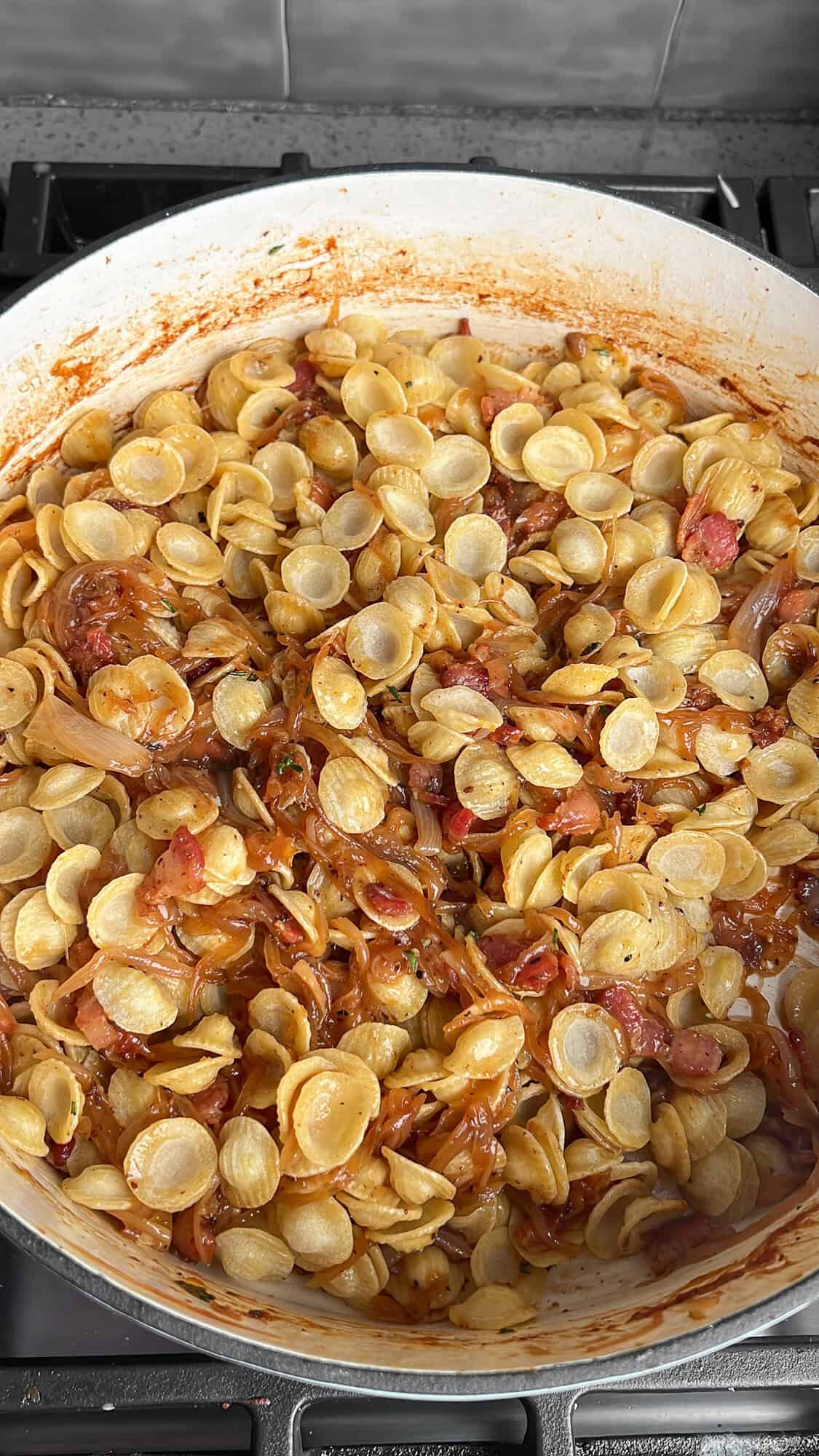 french onion pasta cooking in a pot