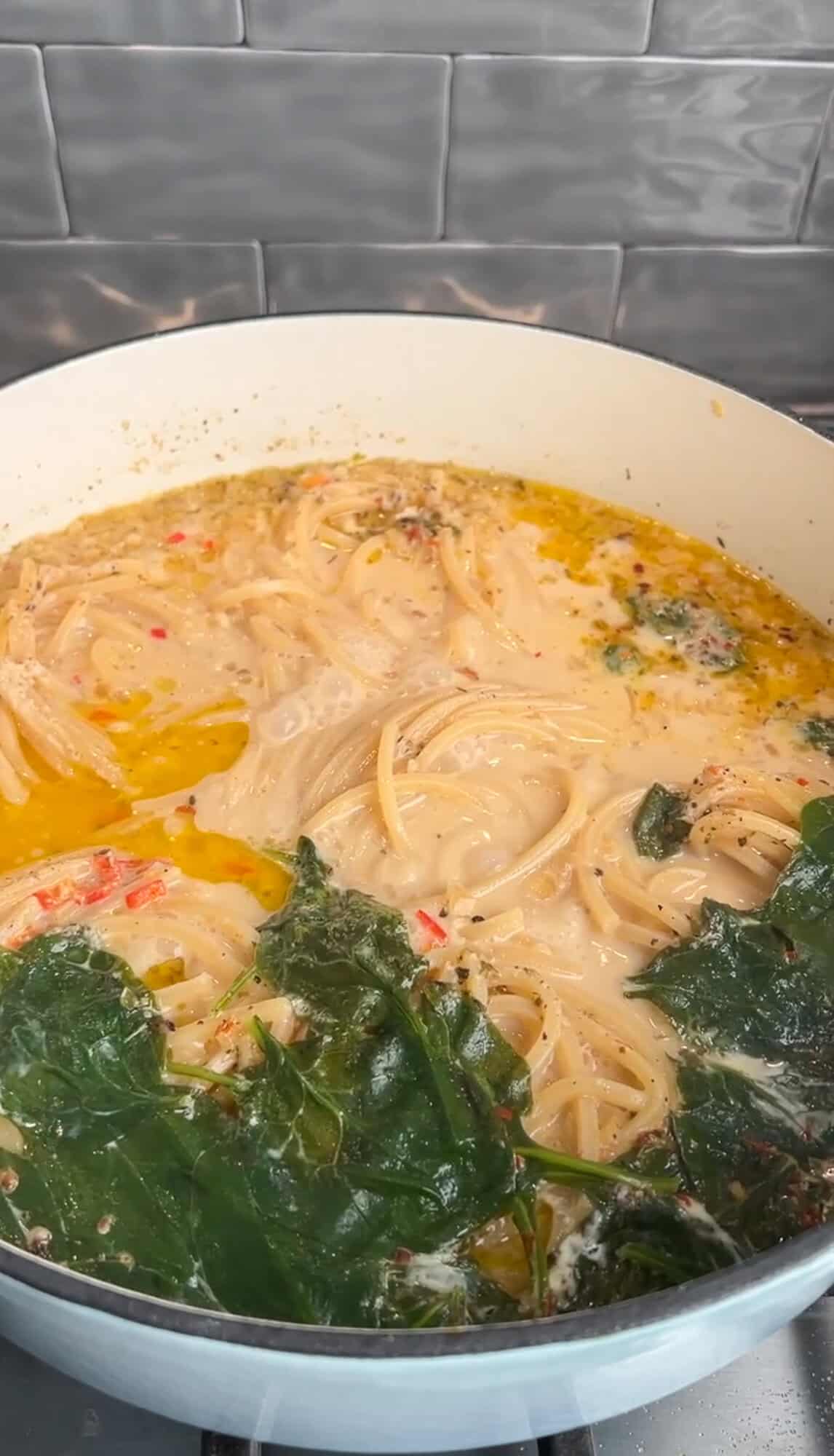 one pot chicken scampi cooking in a pot