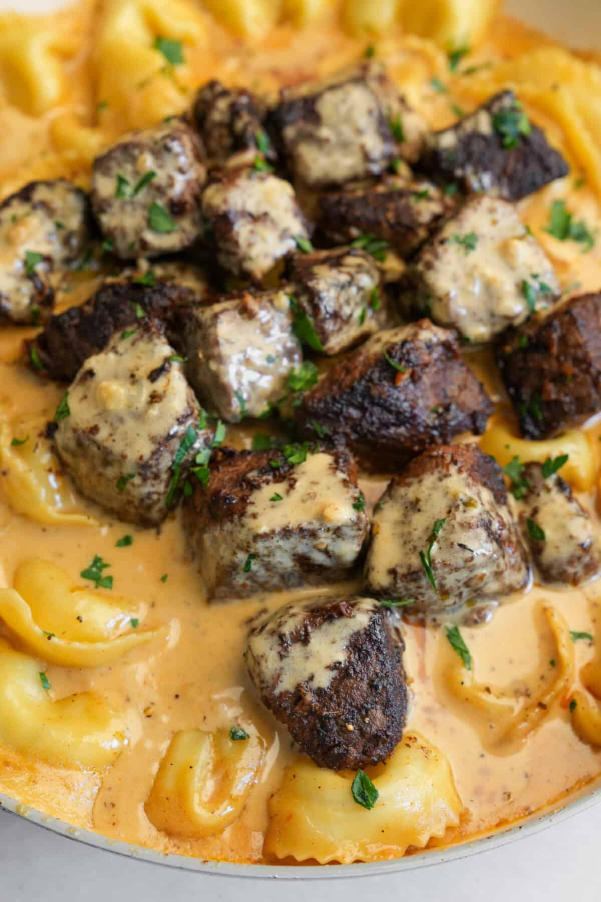 steak tortellini in a pan