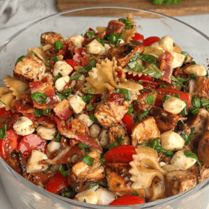 A bowl of caprese pasta salad