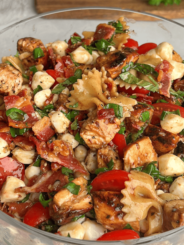 A bowl of caprese pasta salad