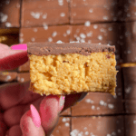 A hand holding a no-bake peanut butter bar
