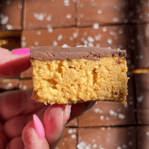 A hand holding a no-bake peanut butter bar