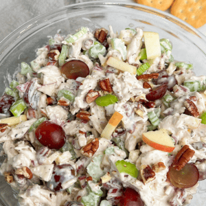 Close up of a bowl of Waldorf chicken salad