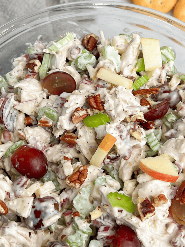 Close up of a bowl of Waldorf chicken salad
