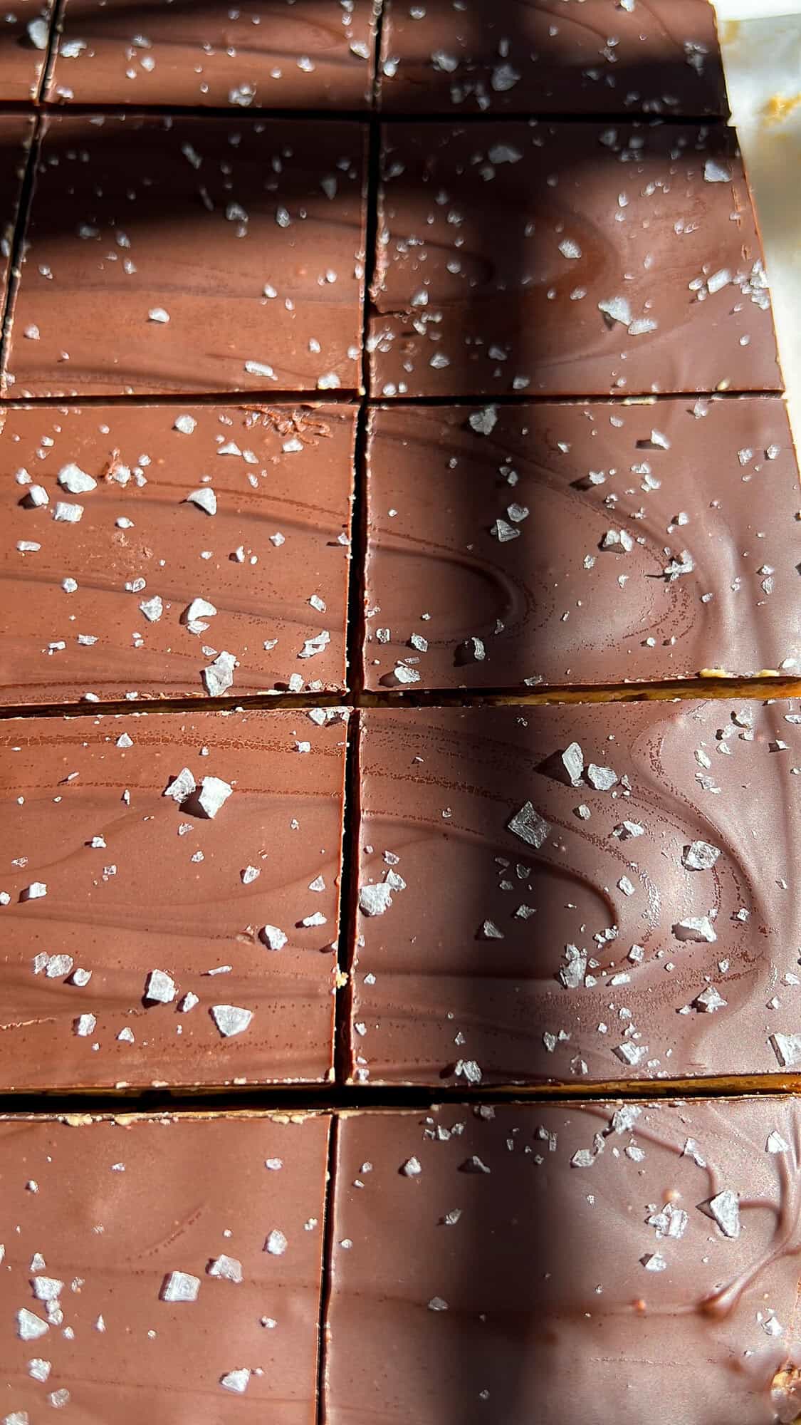 These no-bake peanut butter bars have a soft, sweet peanut butter base and a rich chocolate top with a sprinkle of flaky salt. Close up of sliced no-bake peanut butter bars