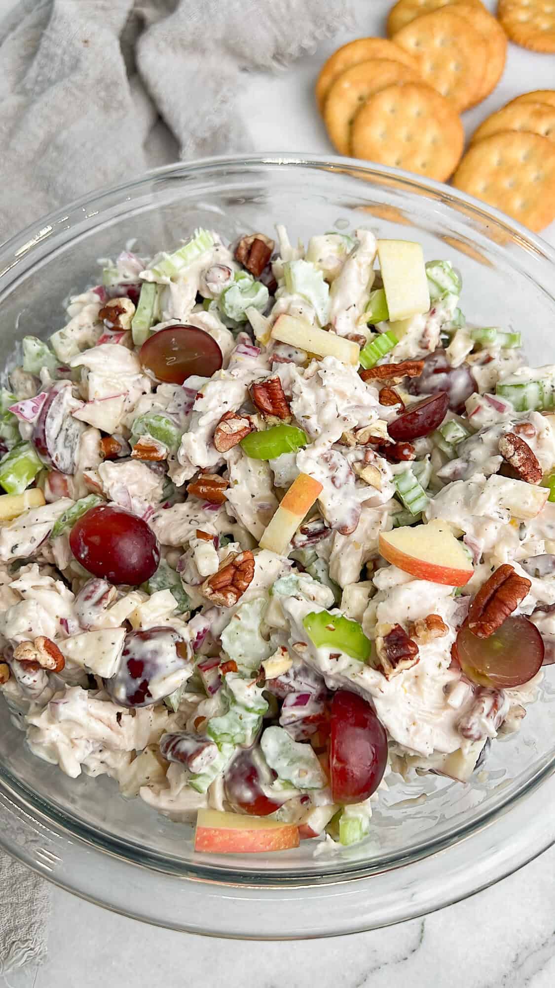 Overhead view of a bowl of Waldorf chicken salad