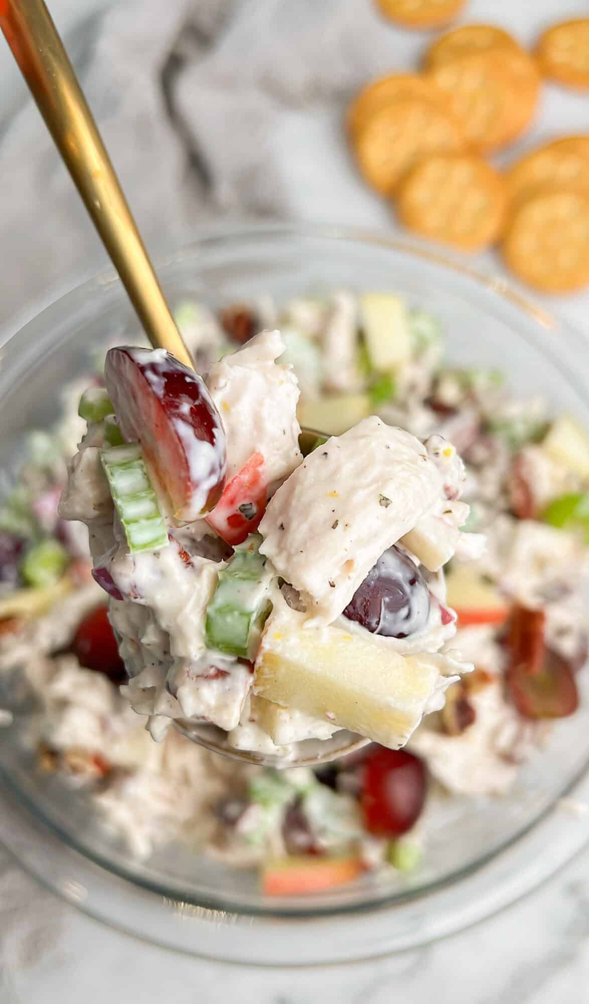 Tart grapes and apples, crunchy celery, red onion, pecans, and chicken are tossed in a creamy lemon dressing in this Waldorf Chicken Salad. A spoonful of Waldorf chicken salad over a bowl