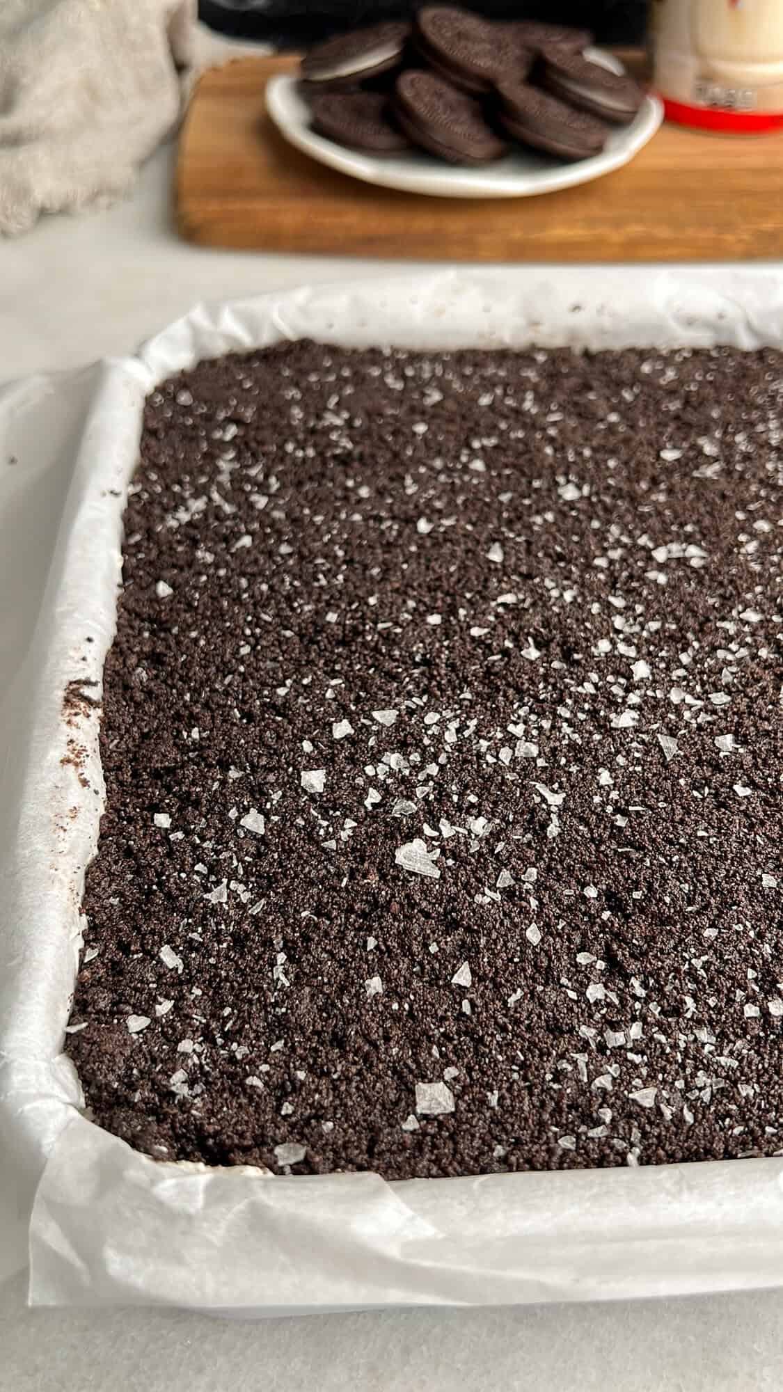 sprinkled fleur de sel over the oreo cookie crust