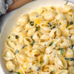 pasta al limon in a pan with basil