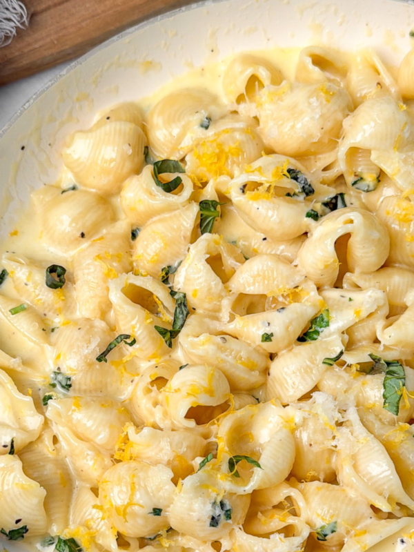 pasta al limon in a pan with basil