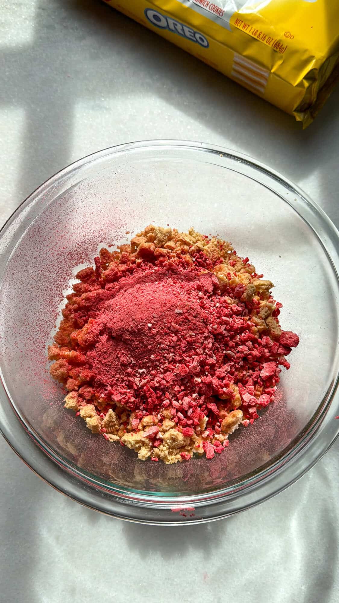 freeze dried strawberries added to golden oreos