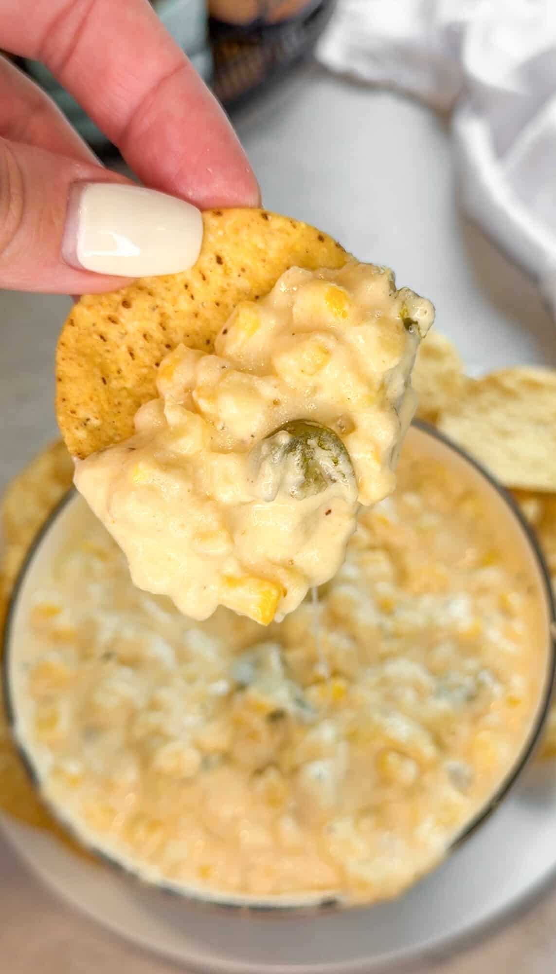 skillet corn dip on a chip