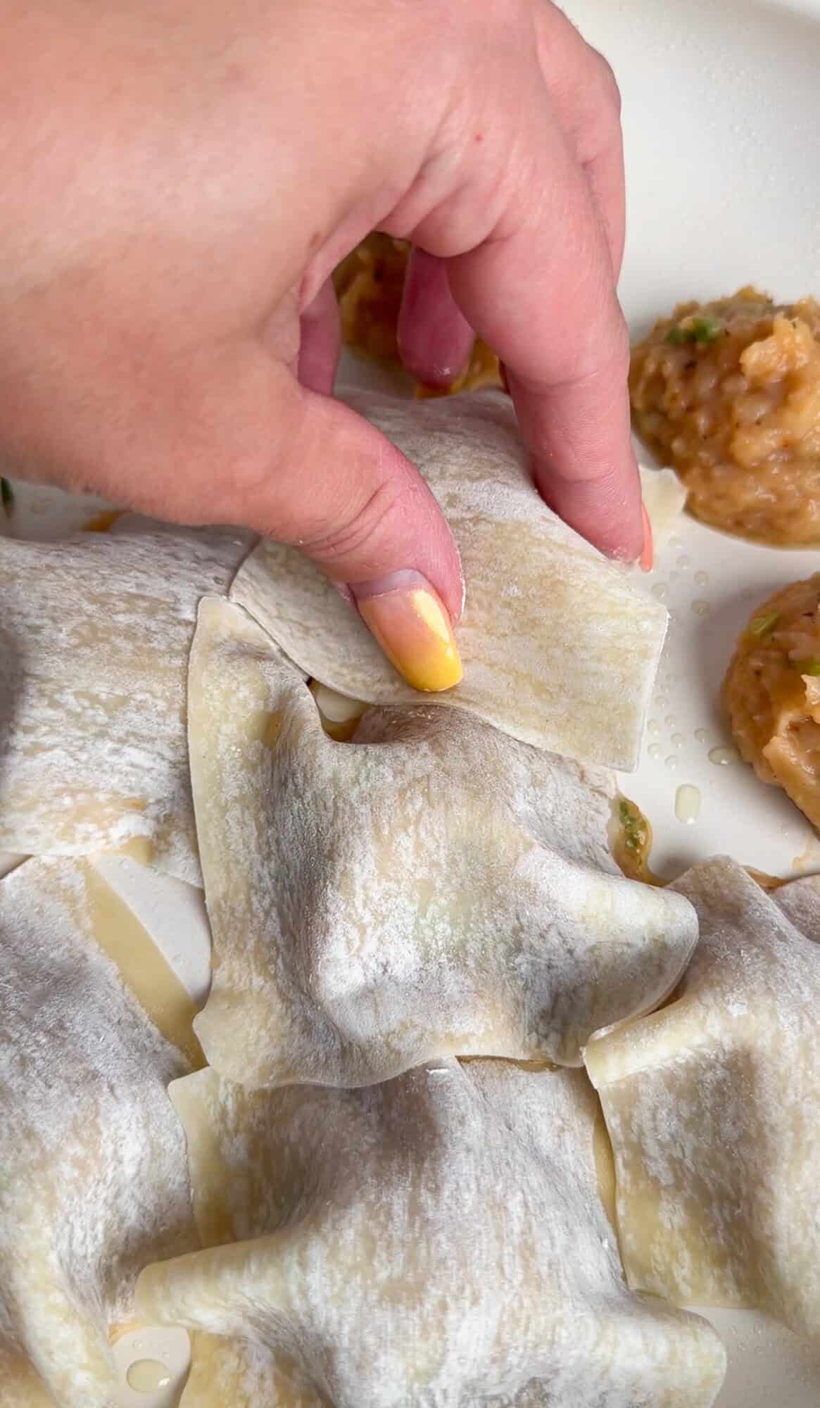covering the meat with dumpling wrappers
