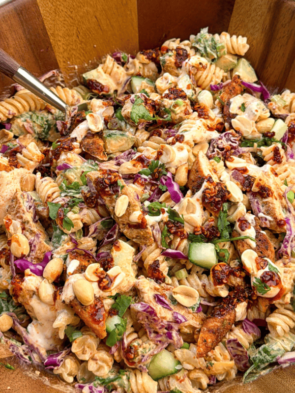 spicy pasta salad in a bowl