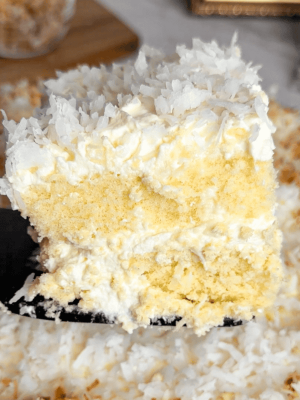 a slice of coconut cake on a spatula