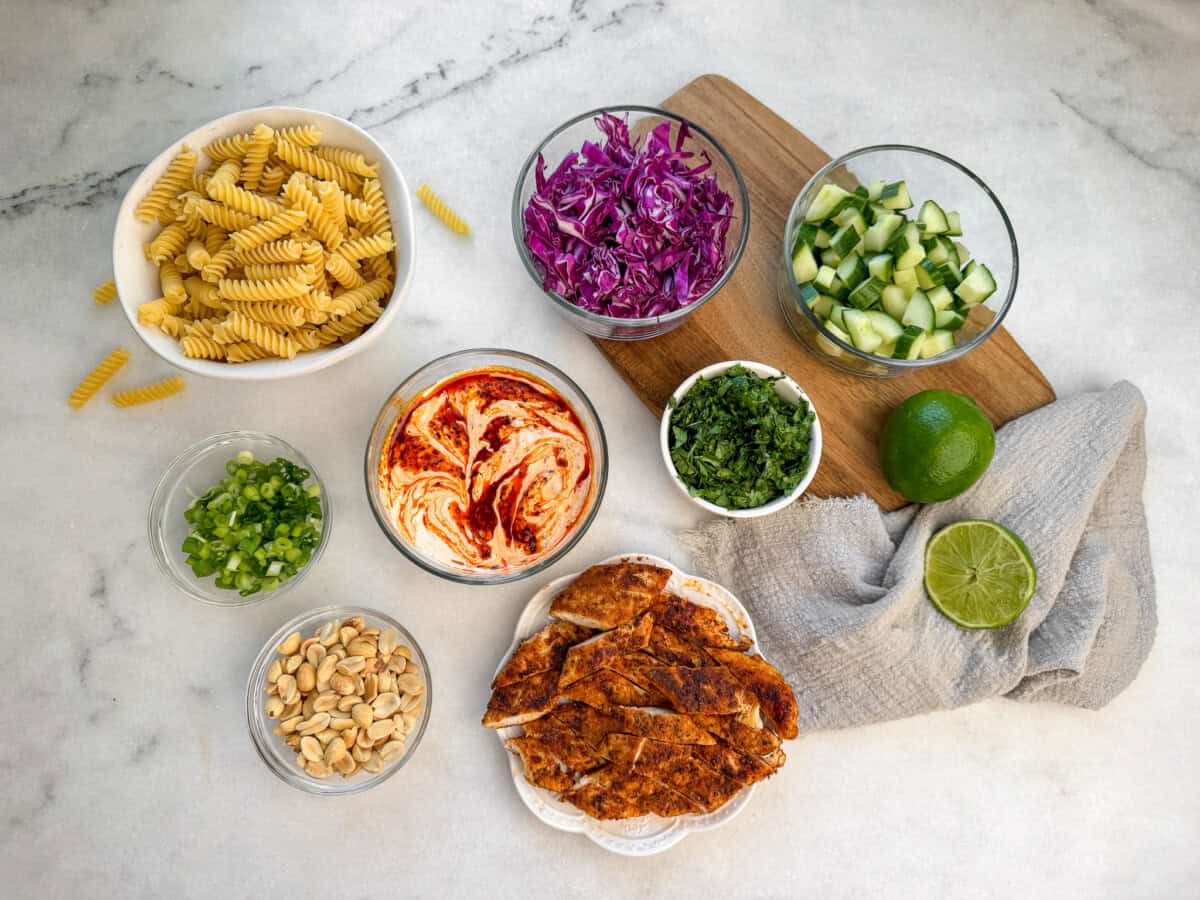 measured out ingredients for chili oil pasta salad