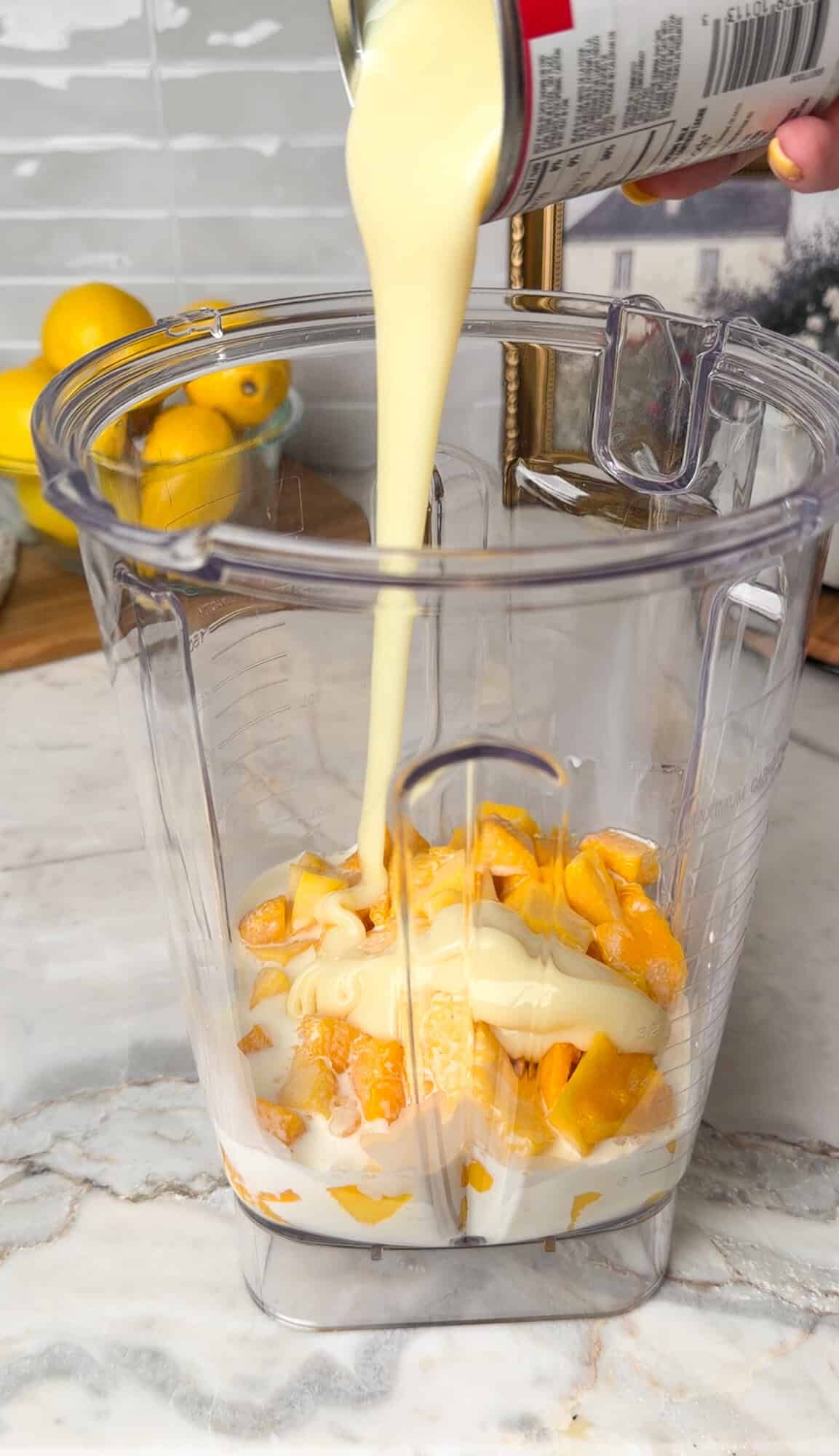 mango and sweetened condensed milk added to blender