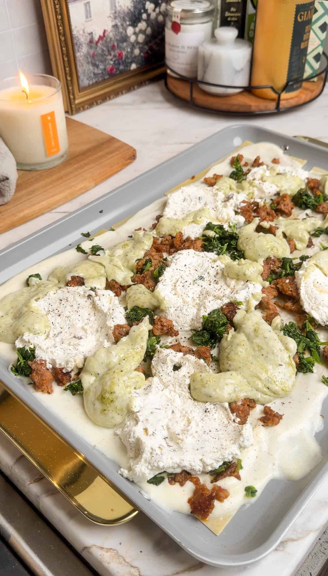 first layer of sheet pan lasagna
